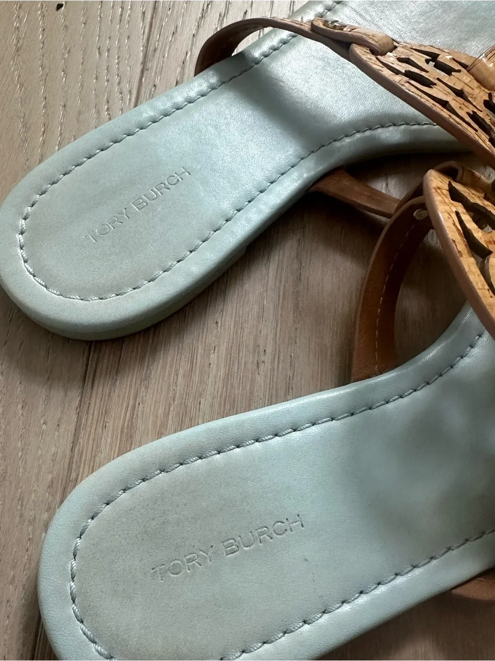 Tory Burch Light Blue Footbed Cork Logo Thong Sandals